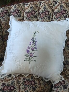 Embroidered Purple Floral Accent Pillow